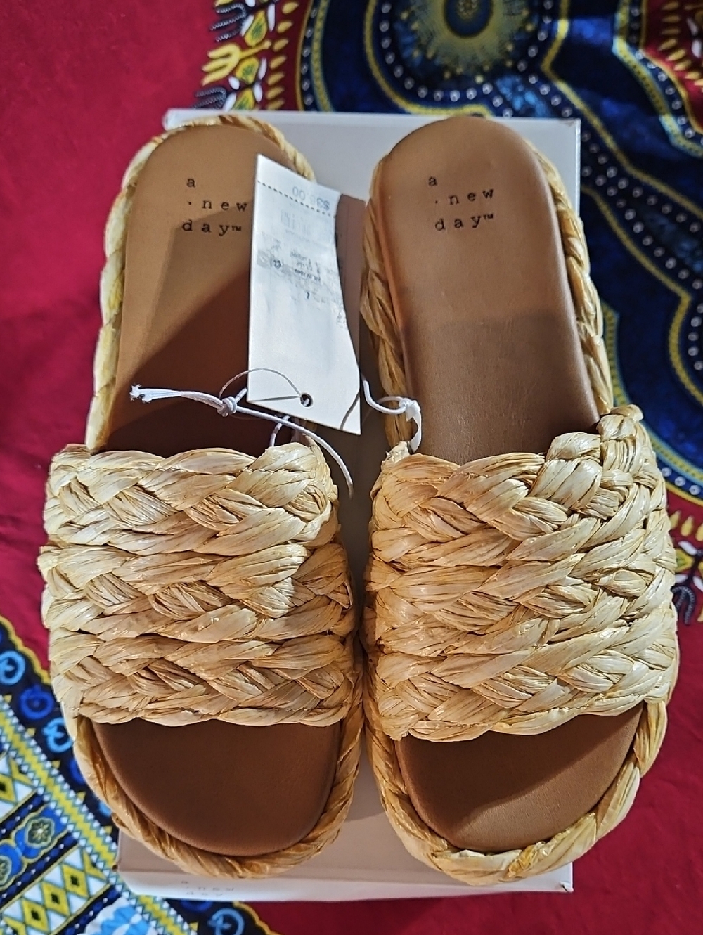 A New Day "Casey" Braided Raffia Platform Slide Sandals, New in Box with Tags